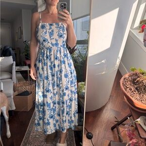 Blue White Floral Sleeveless Midi Sundress Square Neck Pockets Adjustable Straps